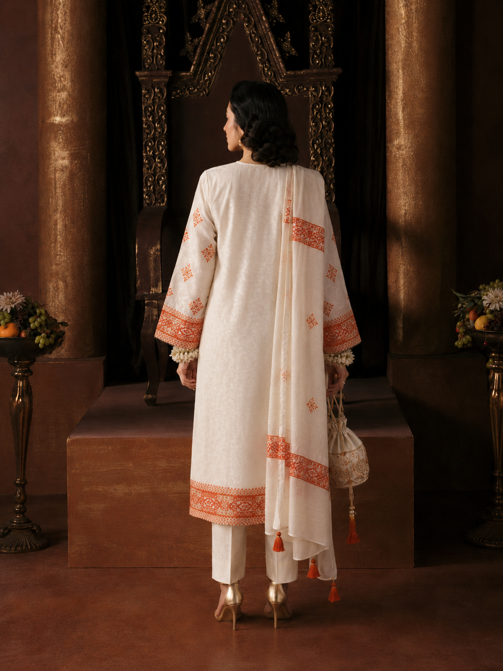 3 Piece Ready to Wear Block Printed Suit - Off-White/Orange