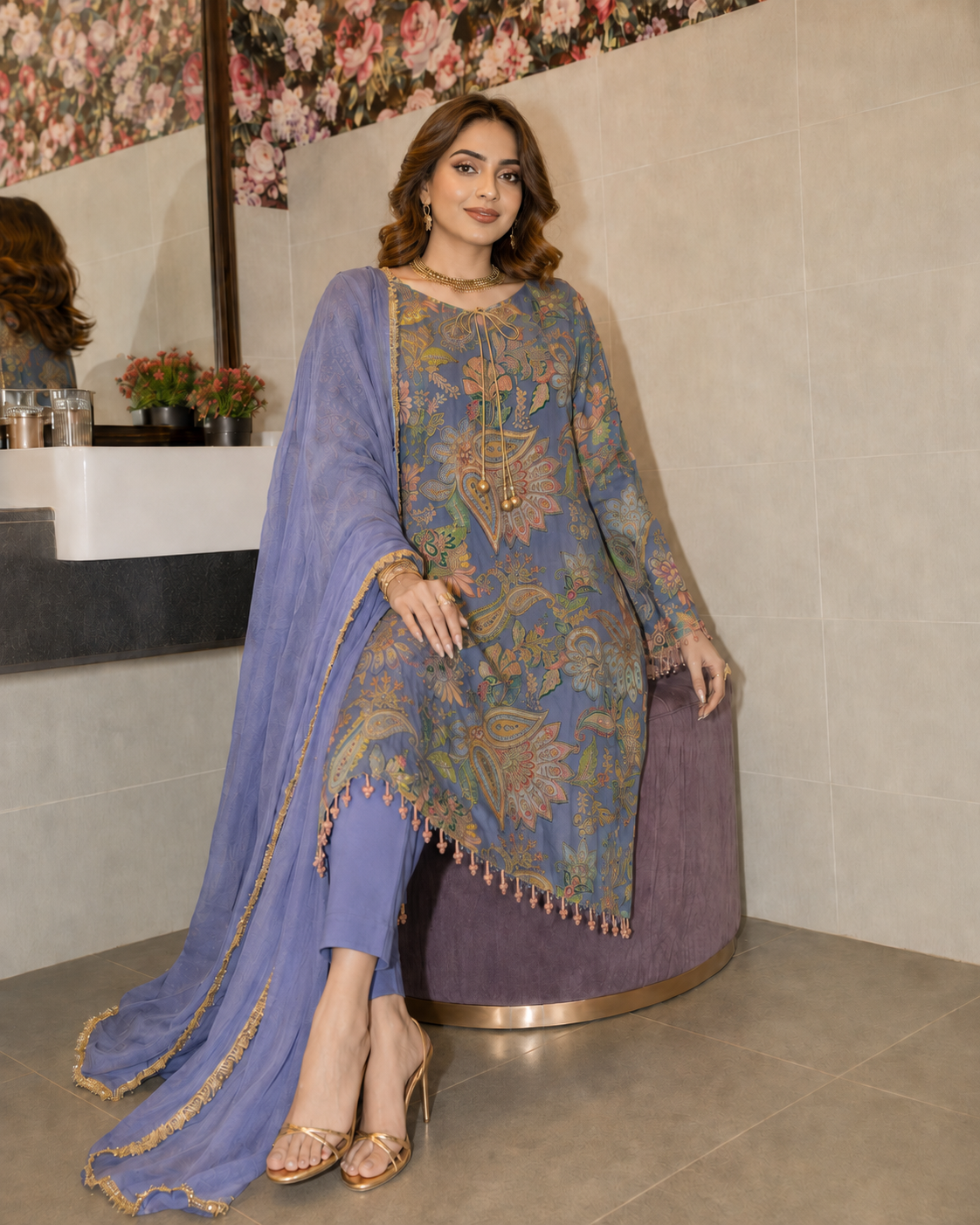 3 Piece Ready to Wear Luxury Embroidered Armani Silk Suit - Lilac