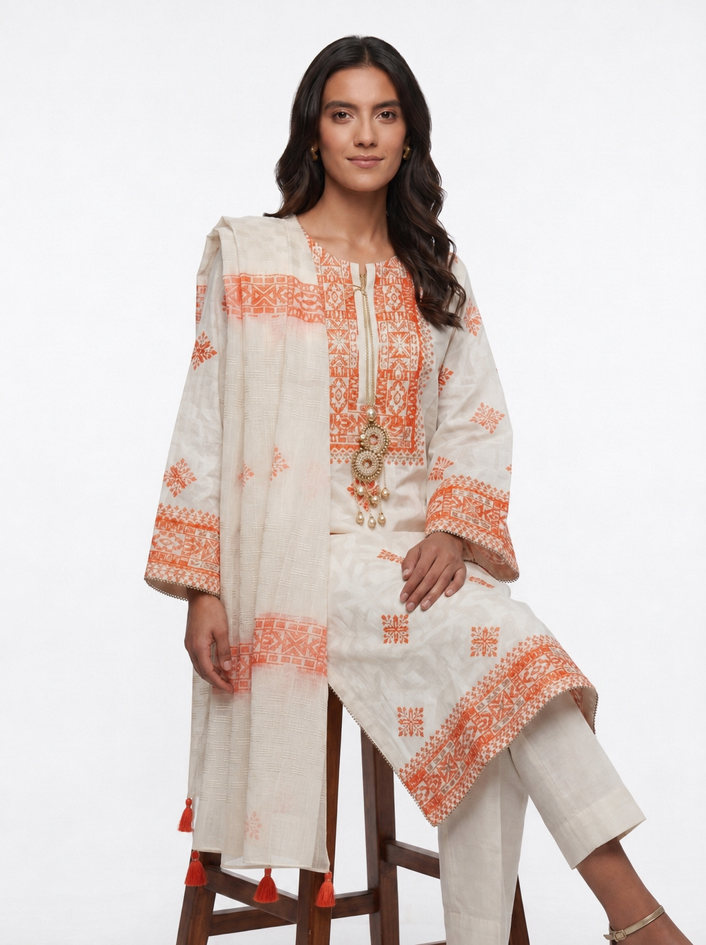 3 Piece Ready to Wear Block Printed Suit - Off-White/Orange