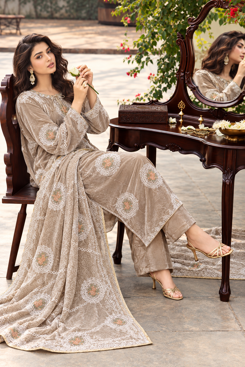 3 Piece Ready to Wear Luxury Velvet Embroidered Suit (Apple Green)