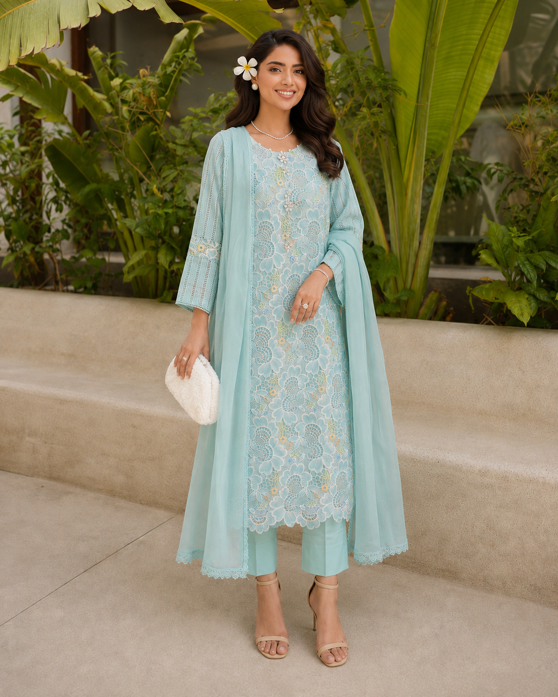 3 Piece Ready to Wear Luxury Embroidered Cutwork Suit - Blue