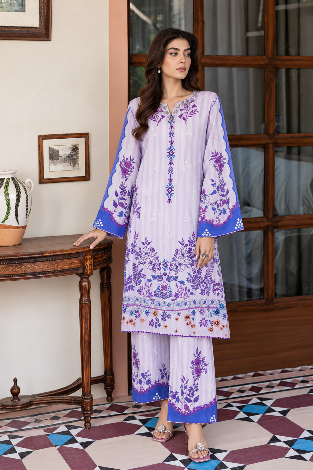 2 Piece Ready to Wear Printed Co-ord Set (Lilac)