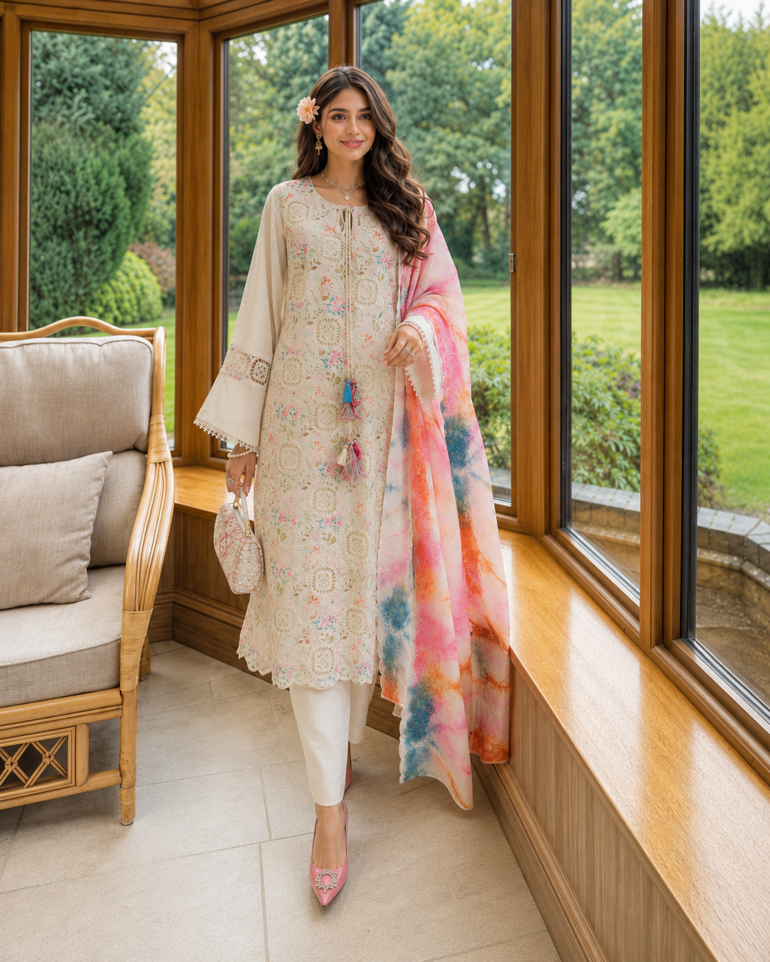 3 Piece Ready to Wear Luxury Embroidered Crochet Suit - Off-White/Multi