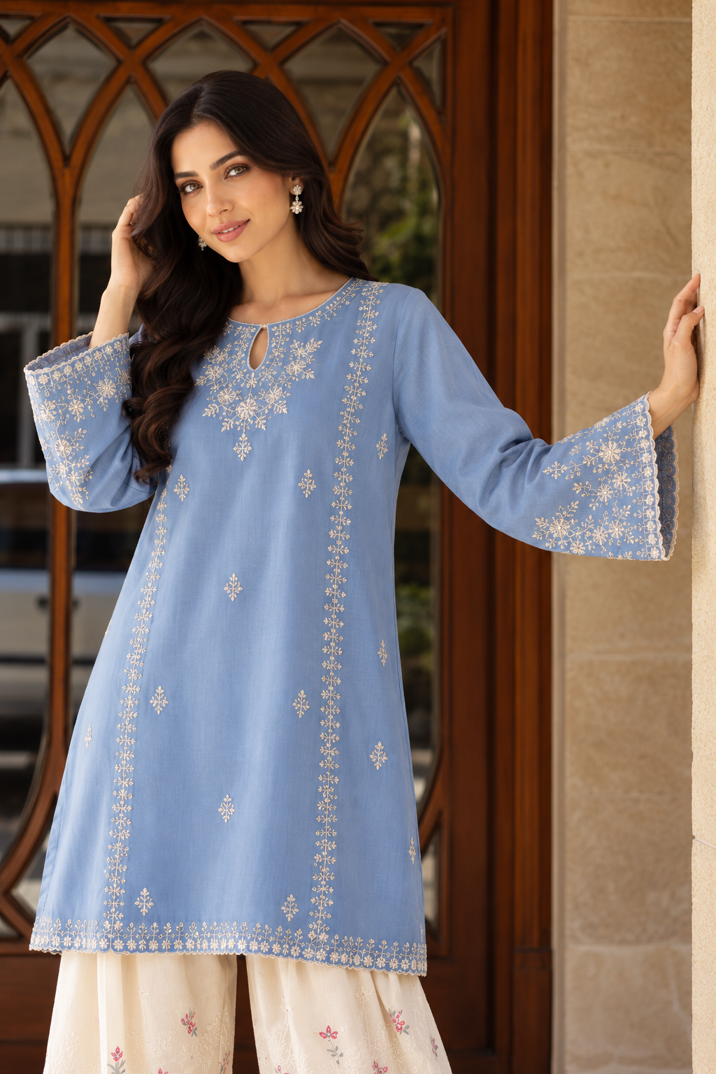 2 Piece Ready to Wear Embroidered Farshi Suit (Blue & Off-white)