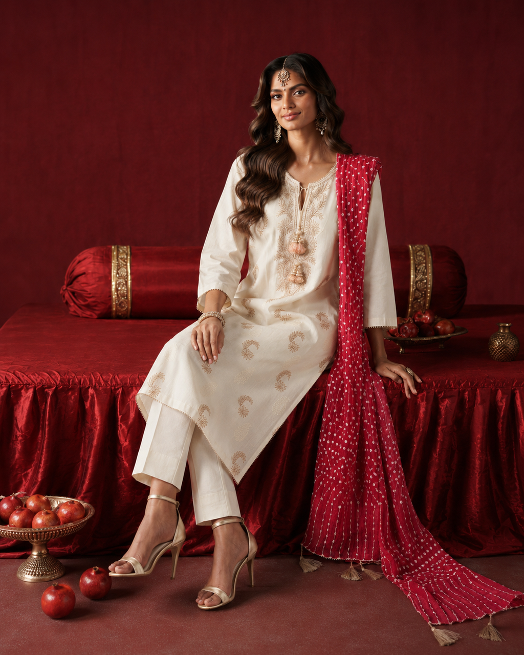 3 Piece Ready to Wear Gota Work Suit - Off-White with Red Dupatta