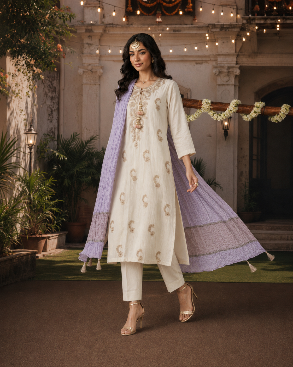 3 Piece Ready to Wear Gota Work Suit - Off-White with Lilac Dupatta