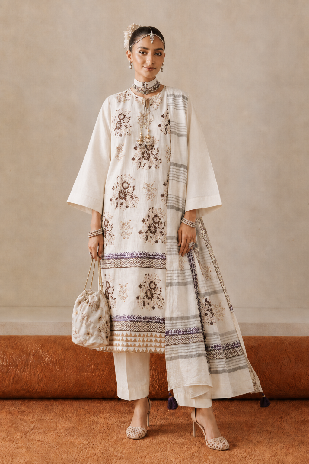 3 Piece Ready to Wear Block Printed Suit - Off-White/Brown/Purple