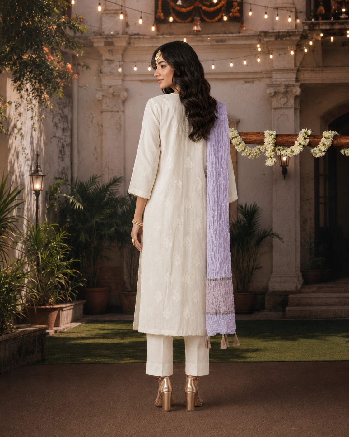 3 Piece Ready to Wear Gota Work Suit - Off-White with Lilac Dupatta