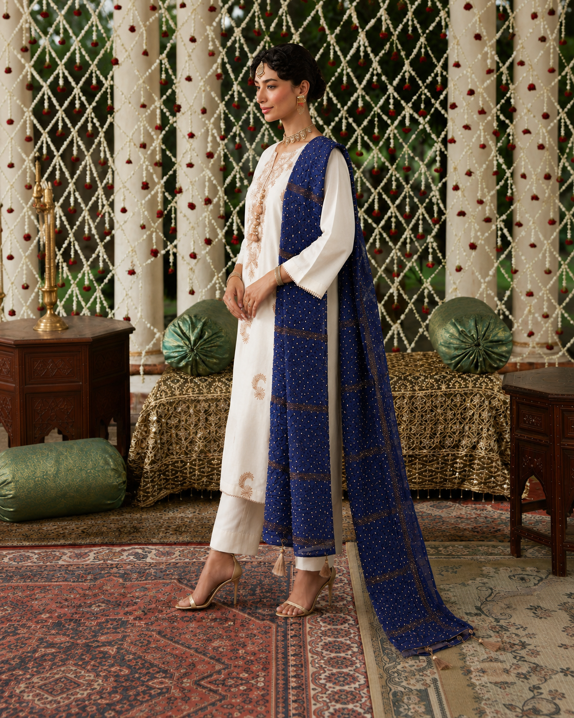 3 Piece Ready to Wear Gota Work Suit - Off-White with Blue Dupatta