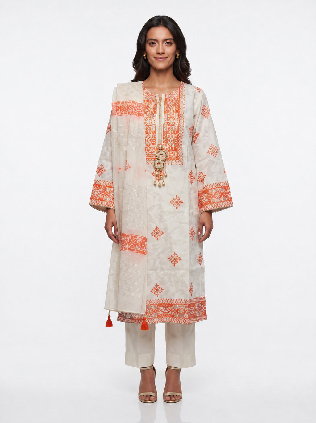 3 Piece Ready to Wear Block Printed Suit - Off-White/Orange