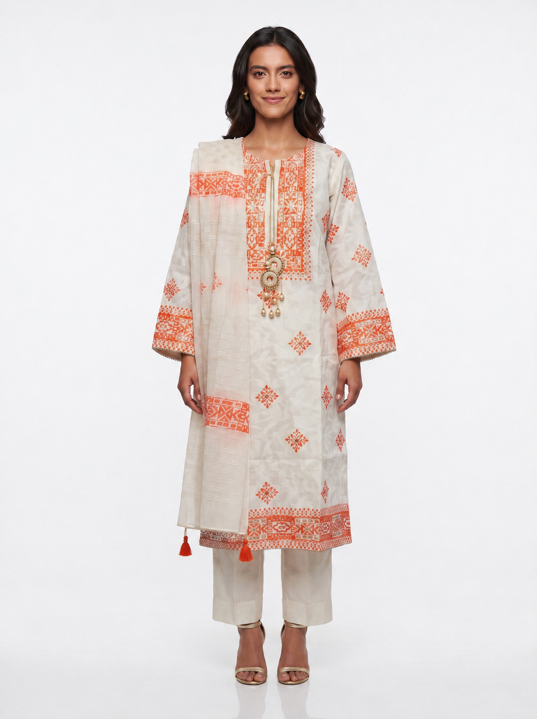 3 Piece Ready to Wear Block Printed Suit - Off-White/Orange