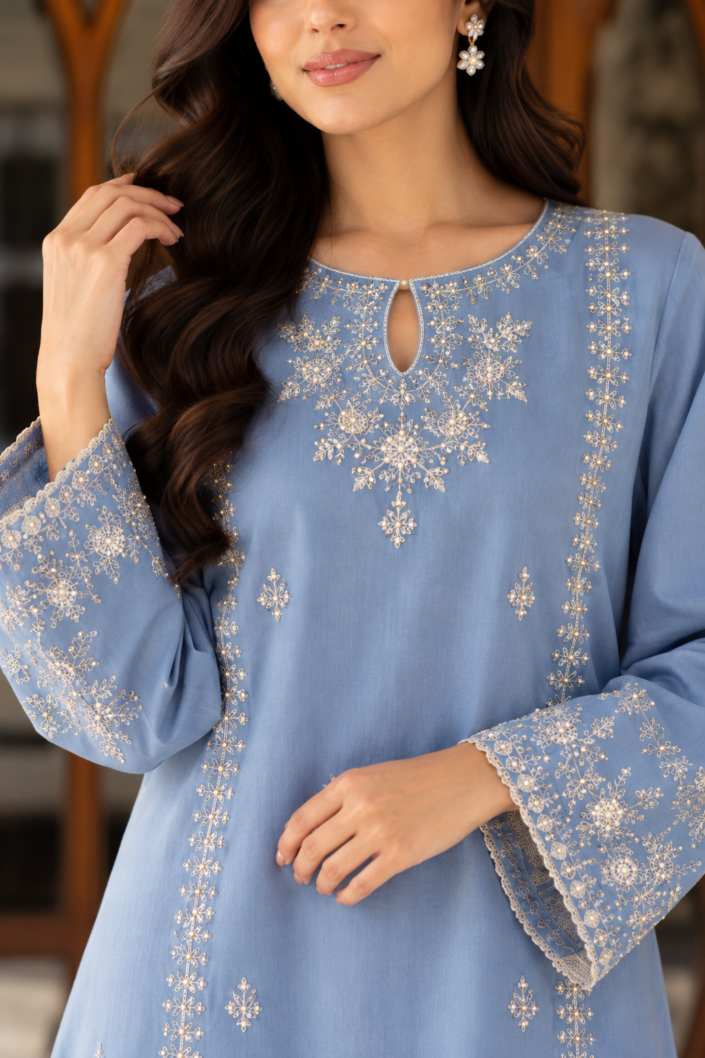 2 Piece Ready to Wear Embroidered Farshi Suit (Blue & Off-white)