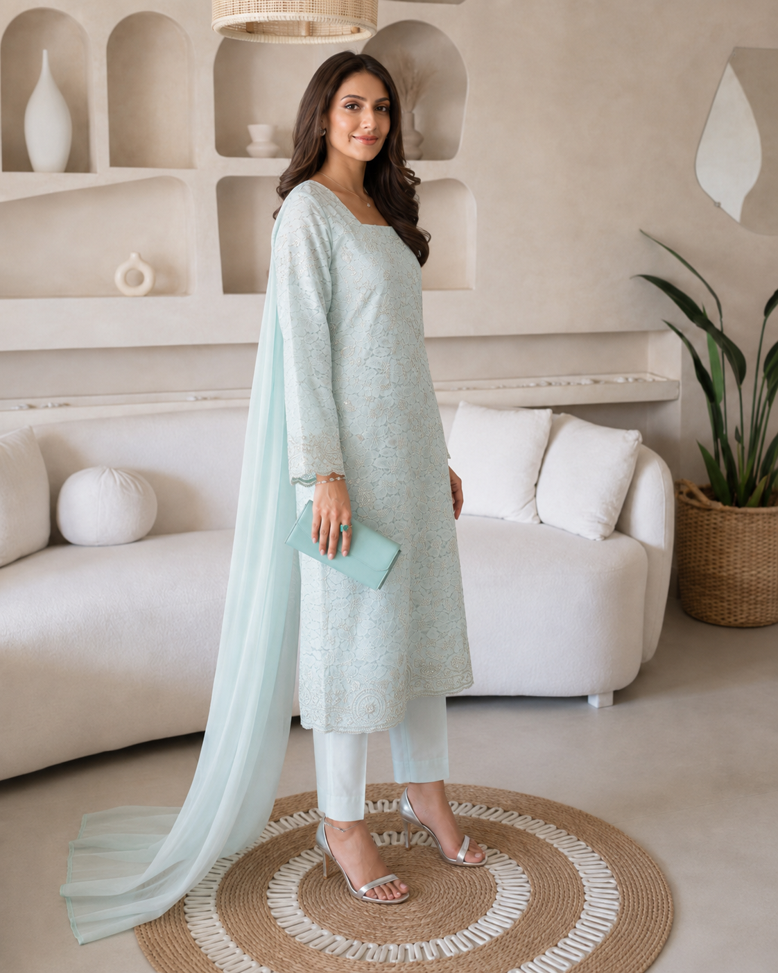 3 Piece Ready to Wear Luxury Chantilly Net Suit - Aqua