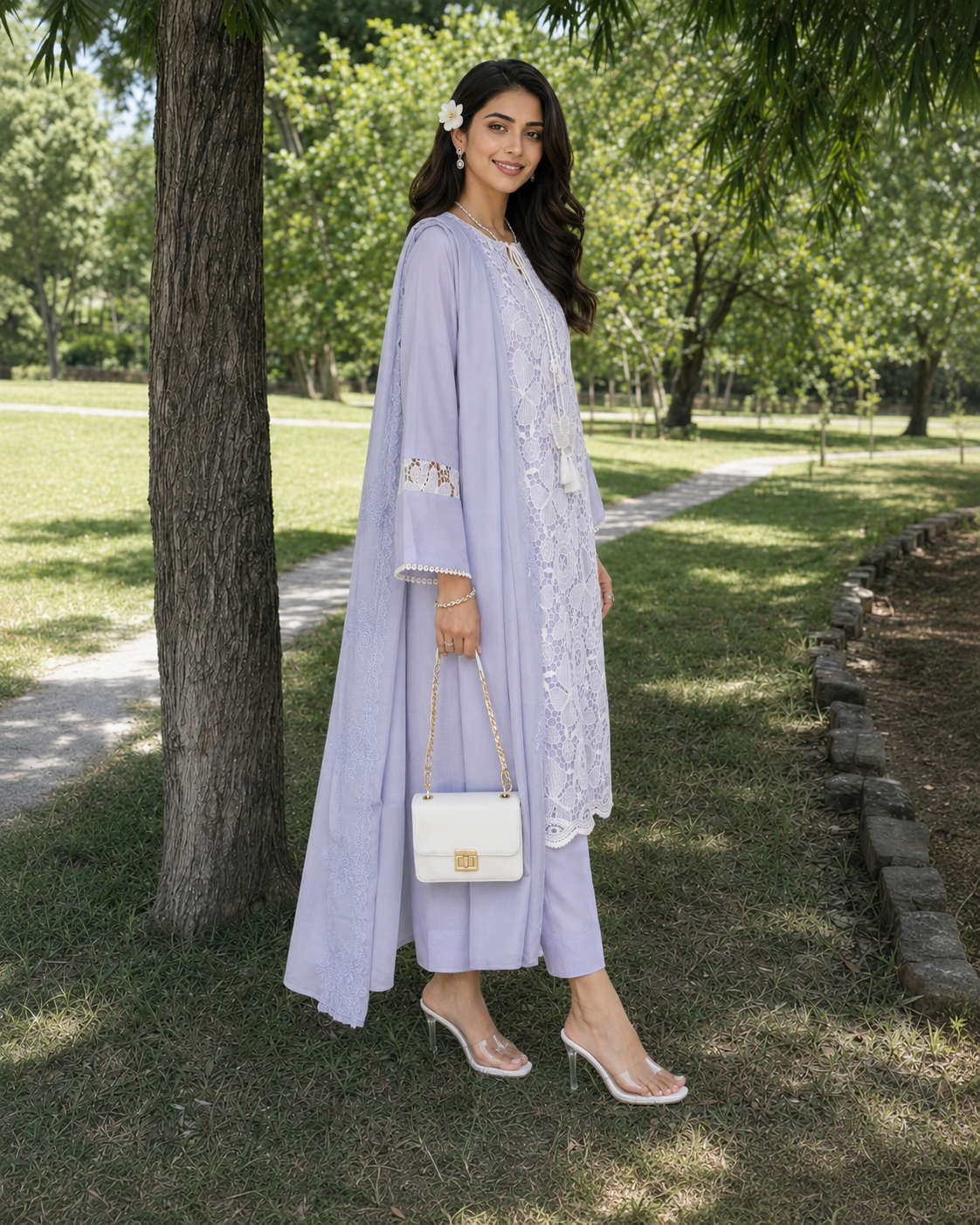 3 Piece Ready to Wear Luxury Embroidered Cutwork Suit - Lilac