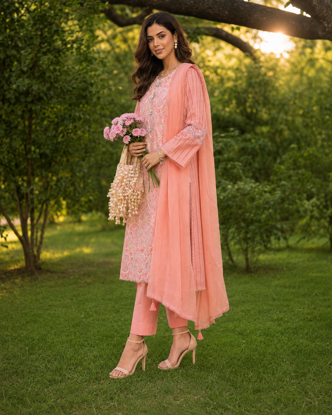 3 Piece Ready to Wear Luxury Embroidered Cutwork Suit - Coral Pink