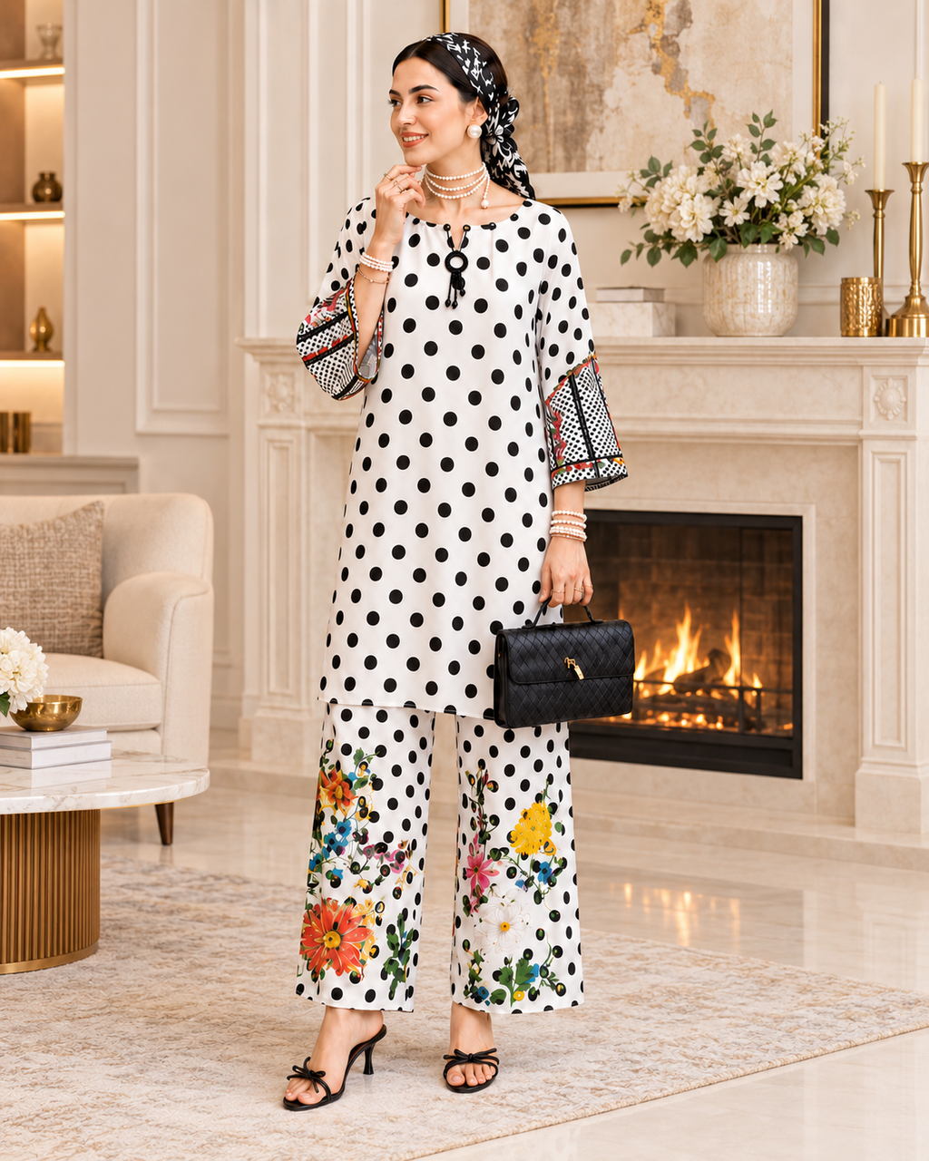 2 Piece Ready to Wear Printed Co-ord Set (Black & White)