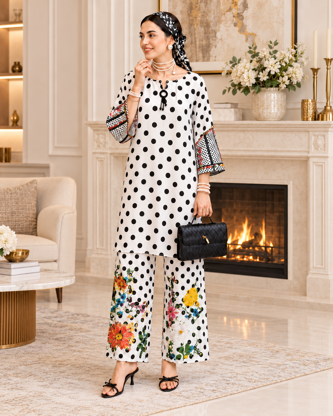 2 Piece Ready to Wear Printed Co-ord Set (Black & White)