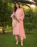 3 Piece Ready to Wear Luxury Embroidered Cutwork Suit - Coral Pink