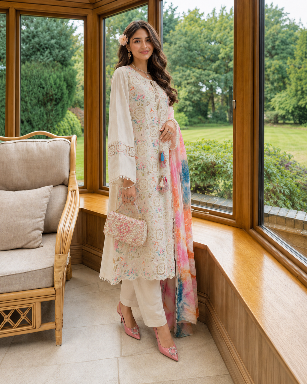3 Piece Ready to Wear Luxury Embroidered Crochet Suit - Off-White/Multi