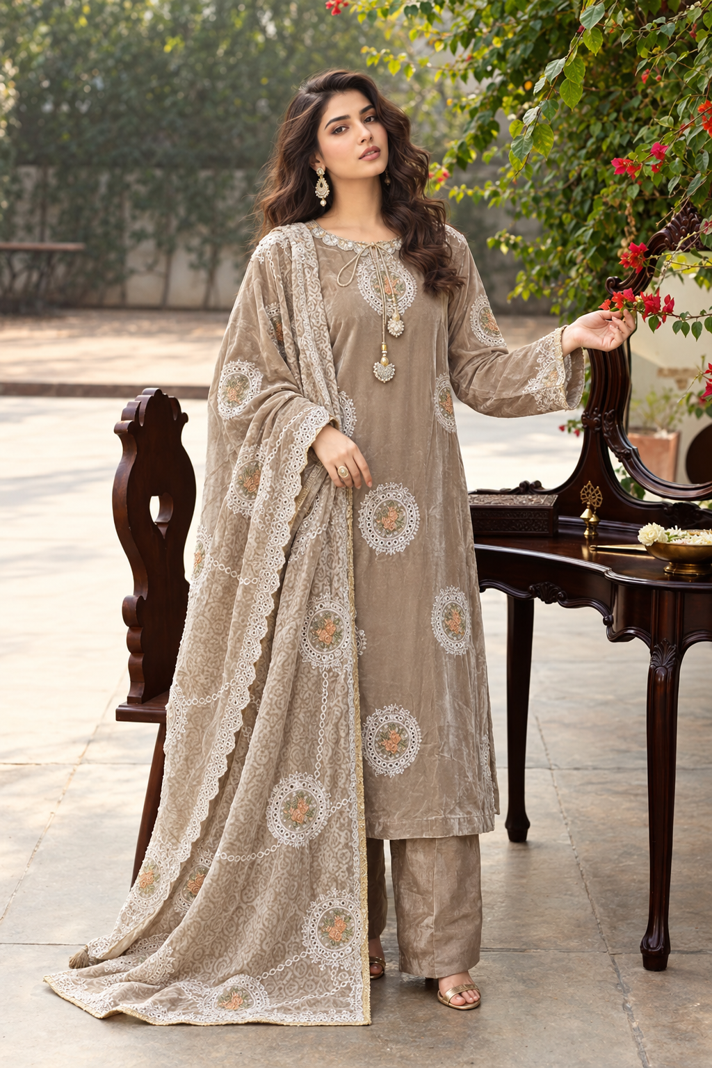 3 Piece Ready to Wear Luxury Velvet Embroidered Suit (Apple Green)