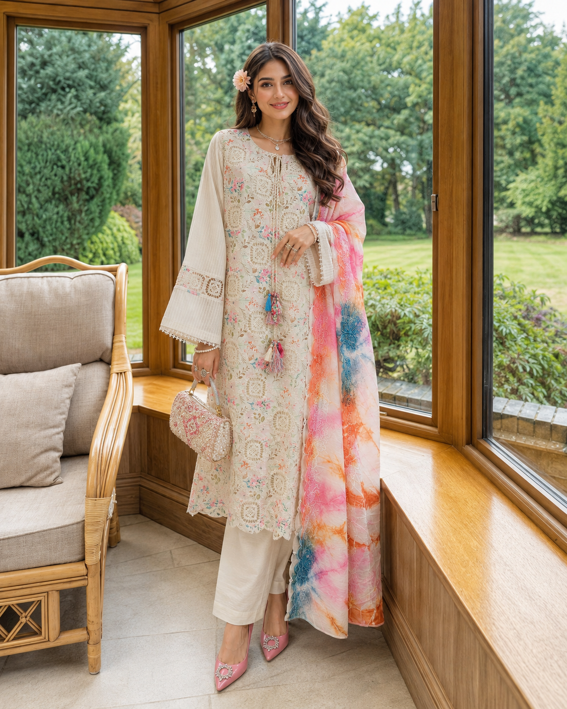 3 Piece Ready to Wear Luxury Embroidered Crochet Suit - Off-White/Multi