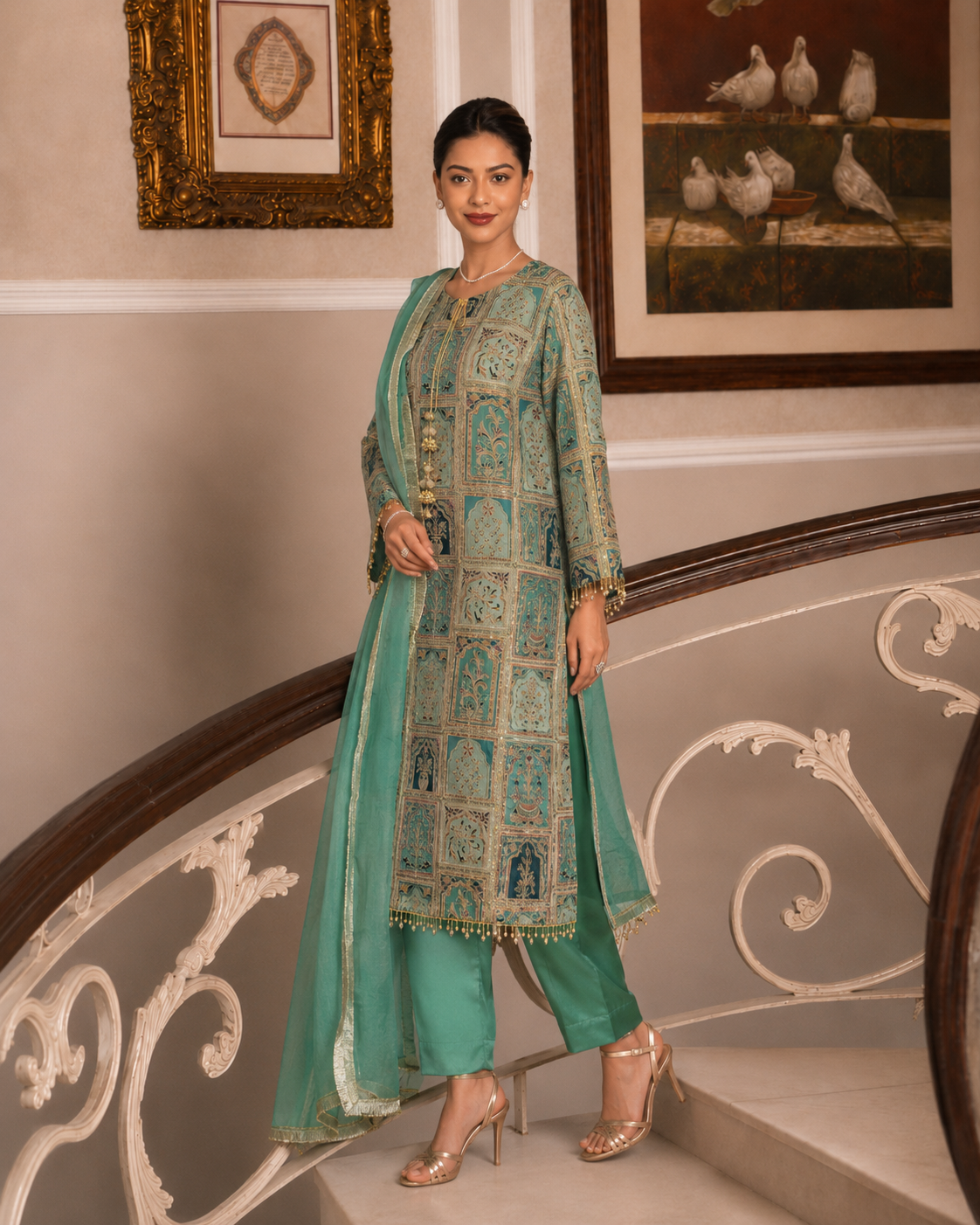 3 Piece Ready to Wear Luxury Embroidered Armani Silk Suit - Green