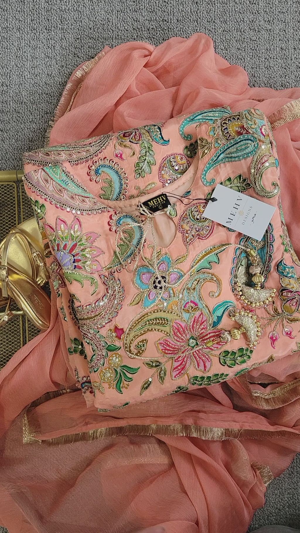 3 Piece Ready to Wear Luxury Embroidered Armani Silk Suit - Peach