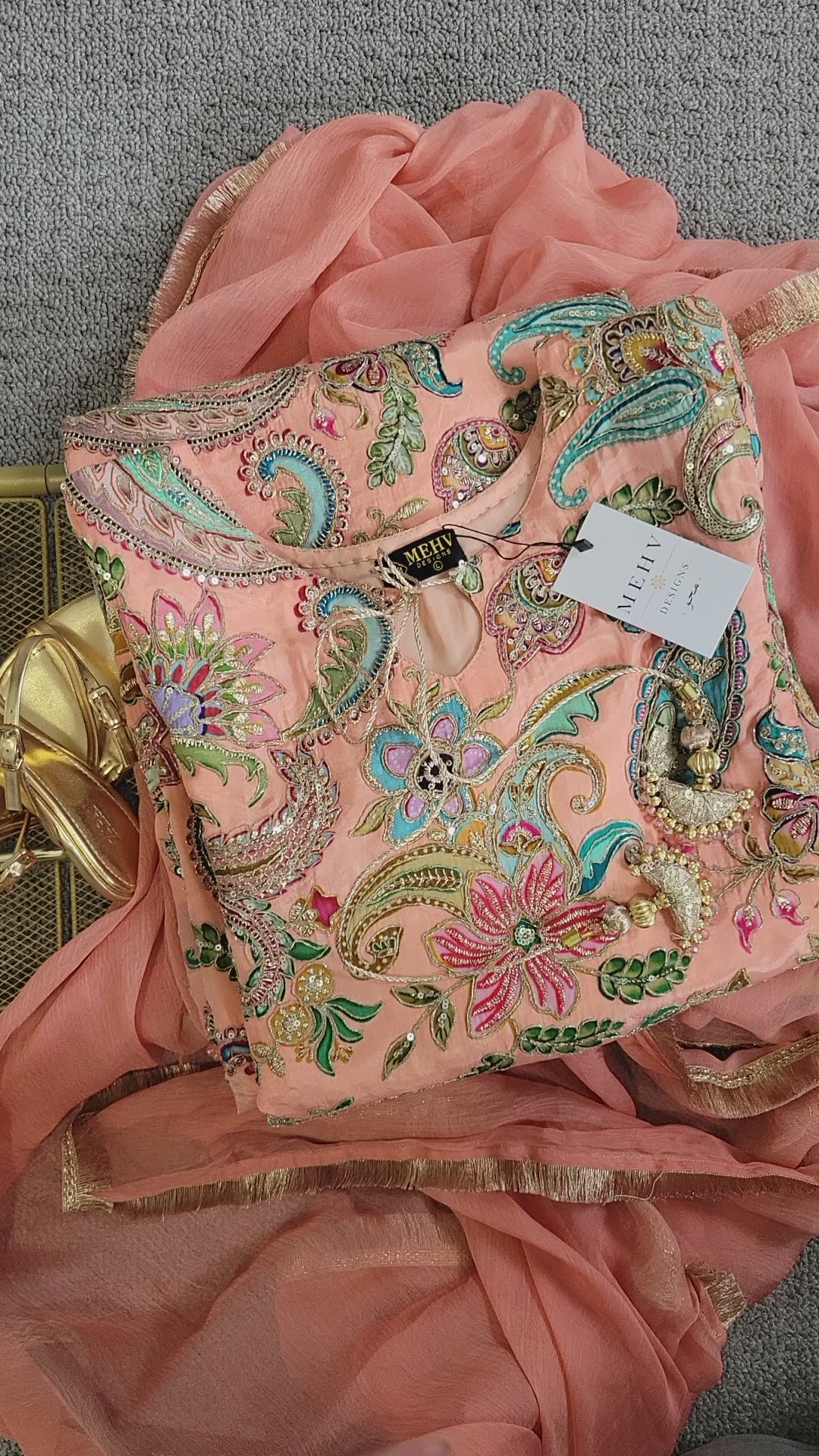 3 Piece Ready to Wear Luxury Embroidered Armani Silk Suit - Peach