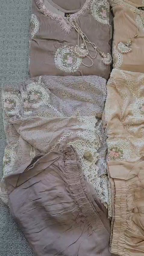 3 Piece Ready to Wear Luxury Velvet Embroidered Suit (Mauve)