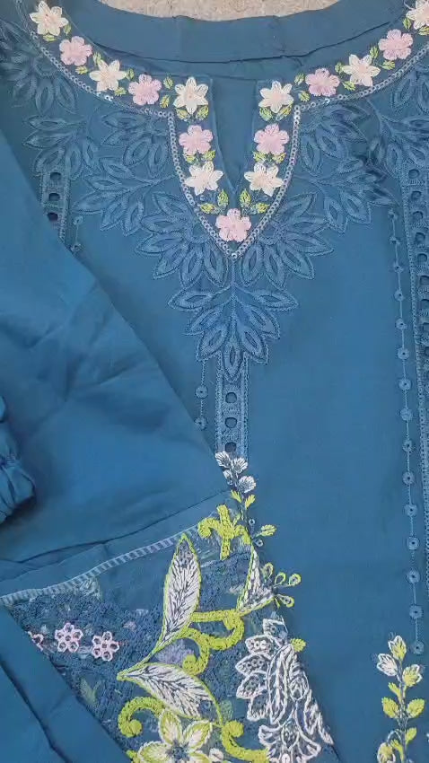 3 Piece Ready to Wear Embroidered Suit (Blue)