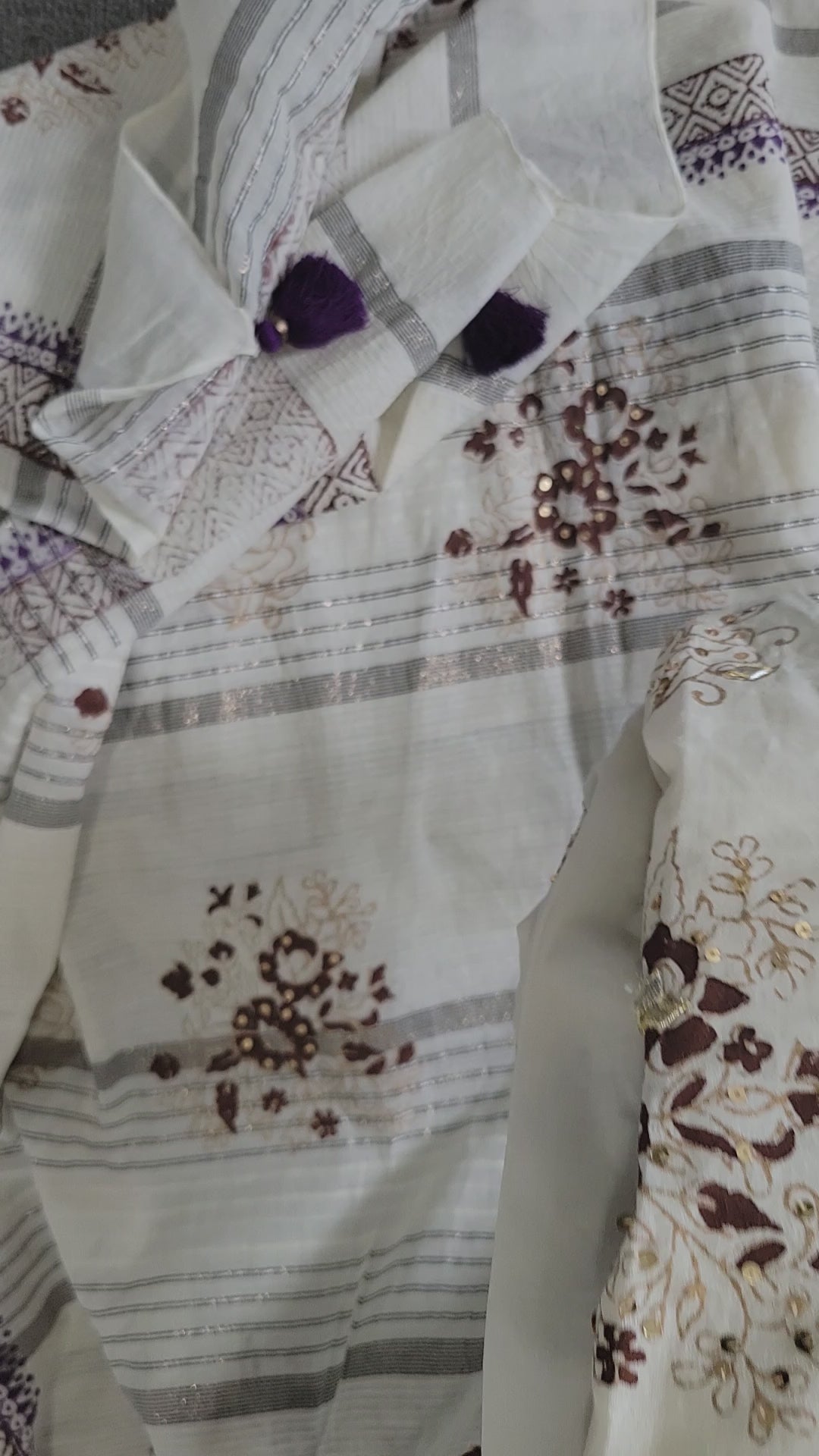 3 Piece Ready to Wear Block Printed Suit - Off-White/Brown/Purple