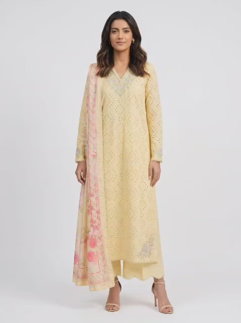 3 Piece Ready to Wear Luxury Embroidered Schiffli Suit - Butter Yellow