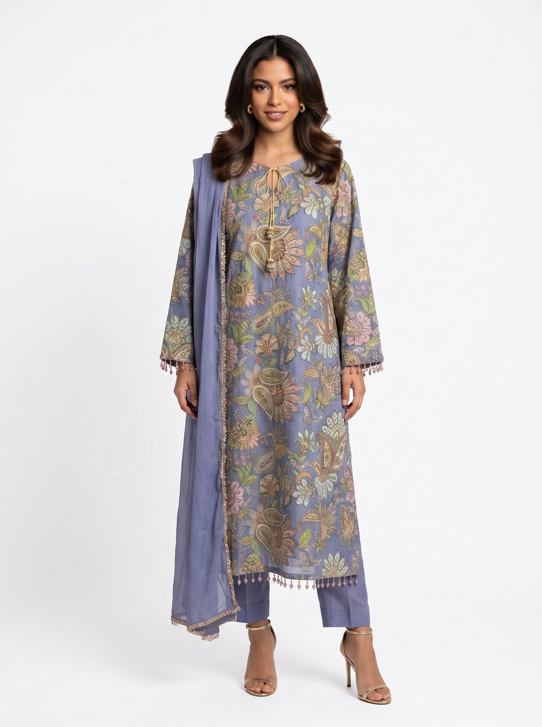 3 Piece Ready to Wear Luxury Embroidered Armani Silk Suit - Lilac