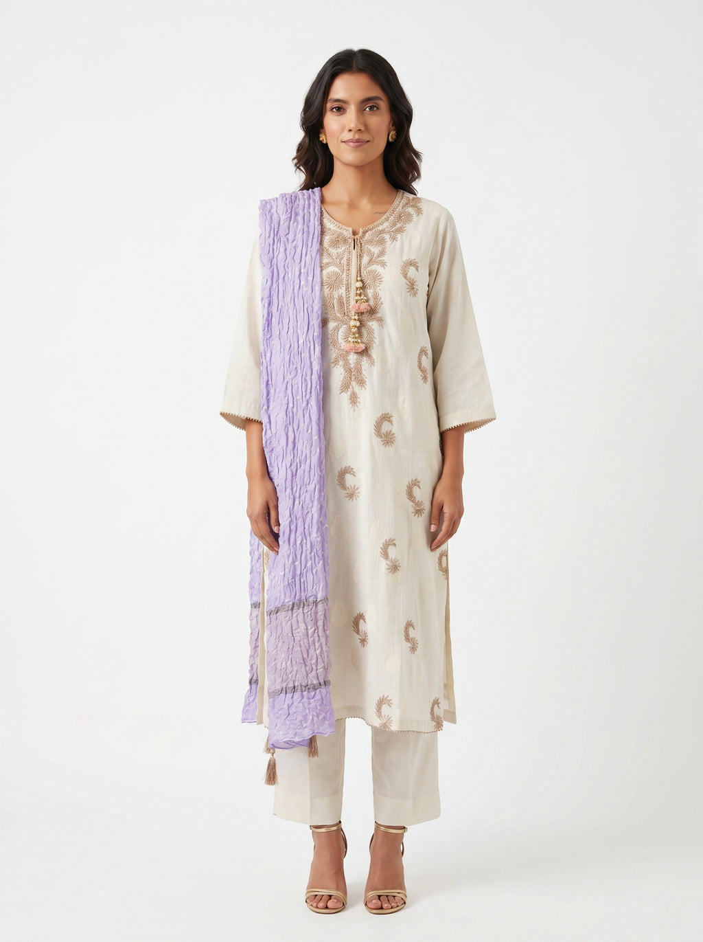 3 Piece Ready to Wear Gota Work Suit - Off-White with Lilac Dupatta