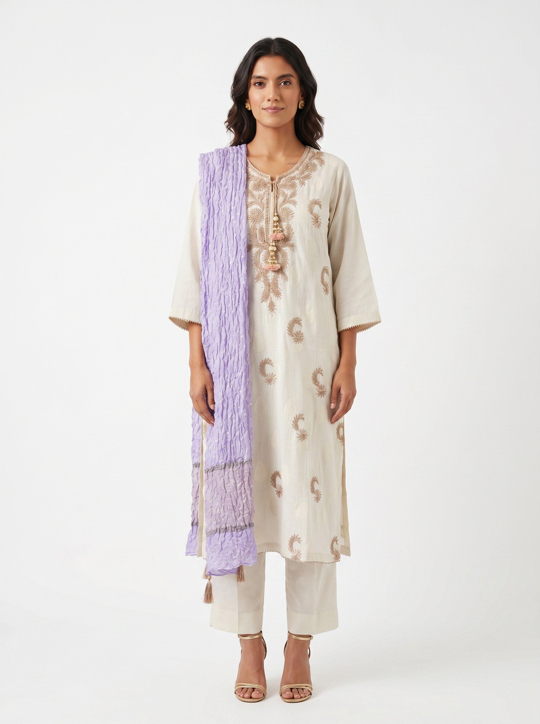 3 Piece Ready to Wear Gota Work Suit - Off-White with Lilac Dupatta