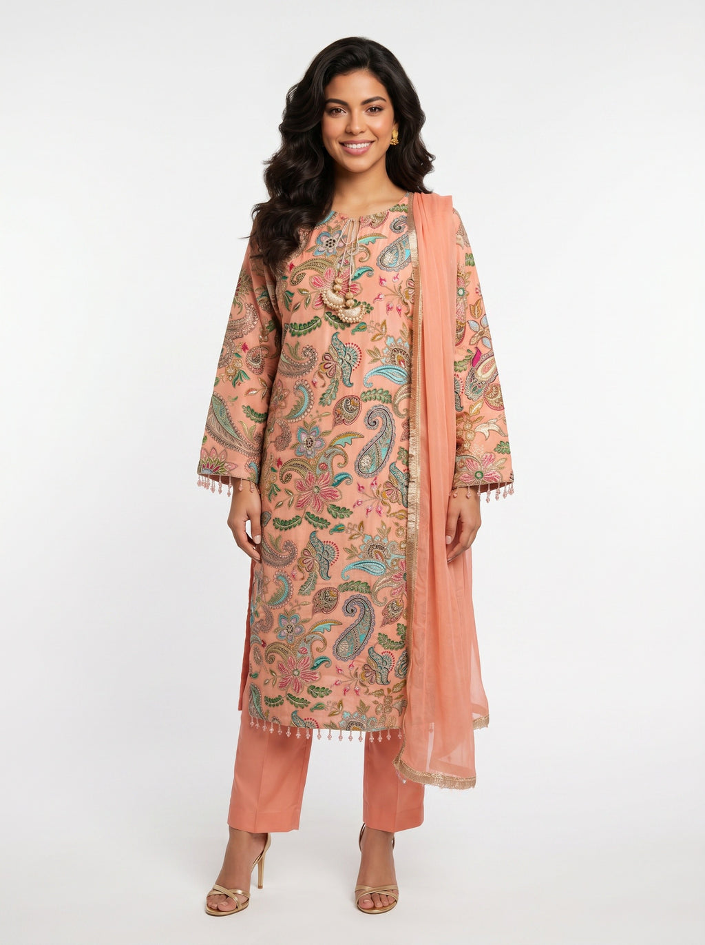 3 Piece Ready to Wear Luxury Embroidered Armani Silk Suit - Peach