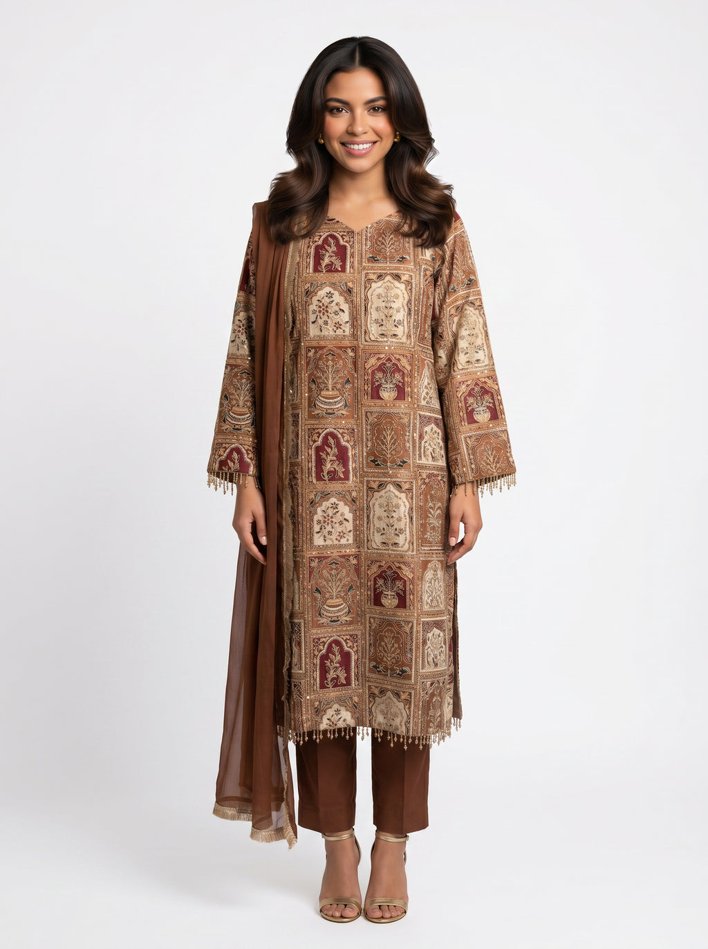 3 Piece Ready to Wear Luxury Embroidered Armani Silk Suit - Brown