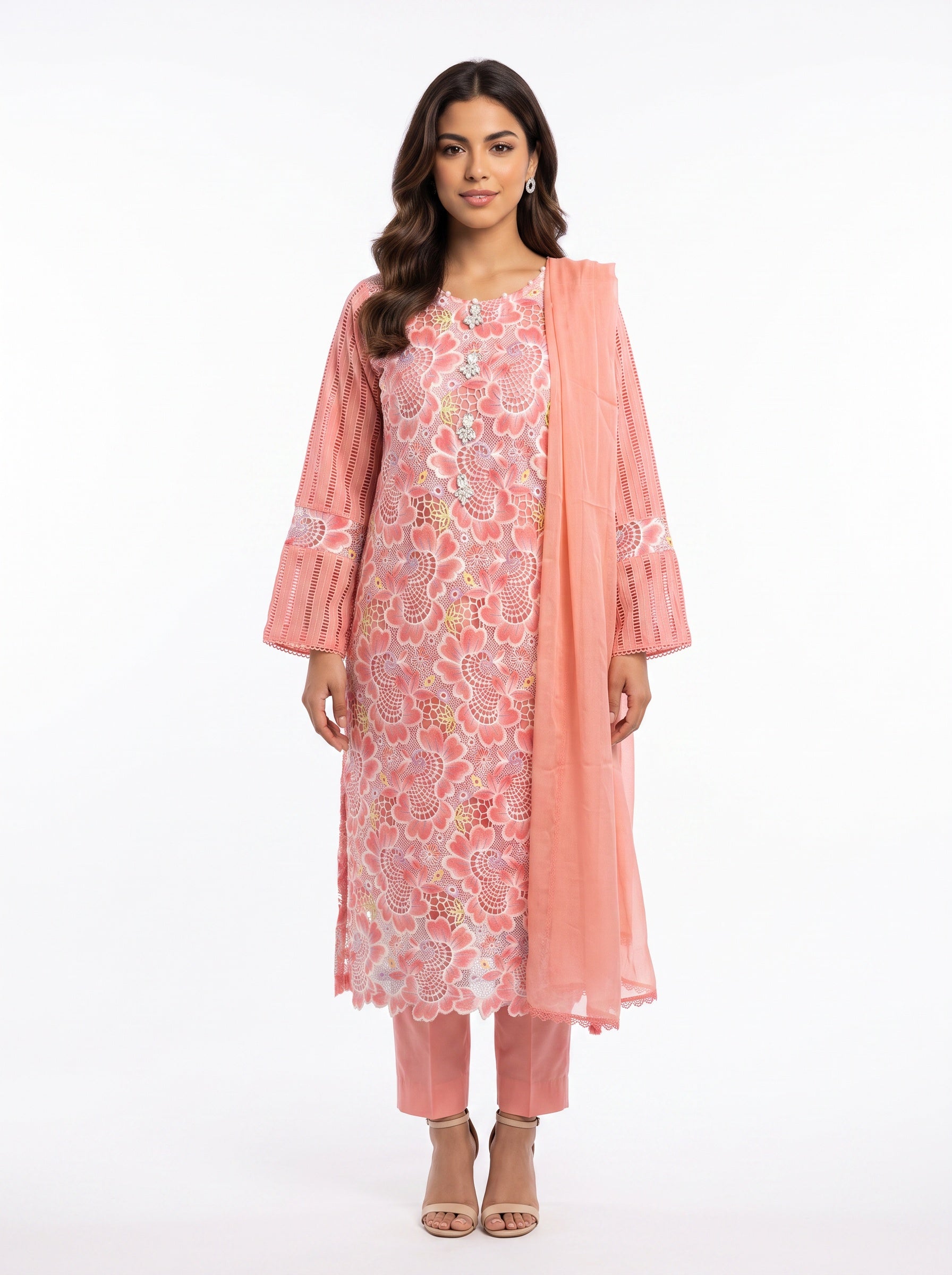 3 Piece Ready to Wear Luxury Embroidered Cutwork Suit - Coral Pink