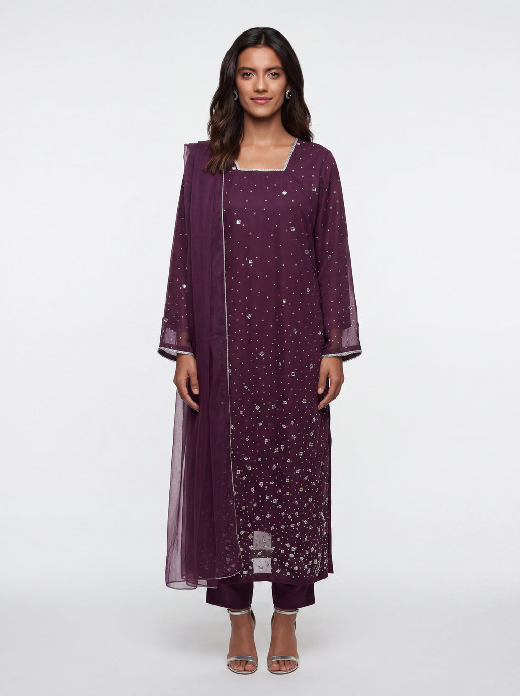 3 Piece Ready to Wear Luxury Net Suit - Plum
