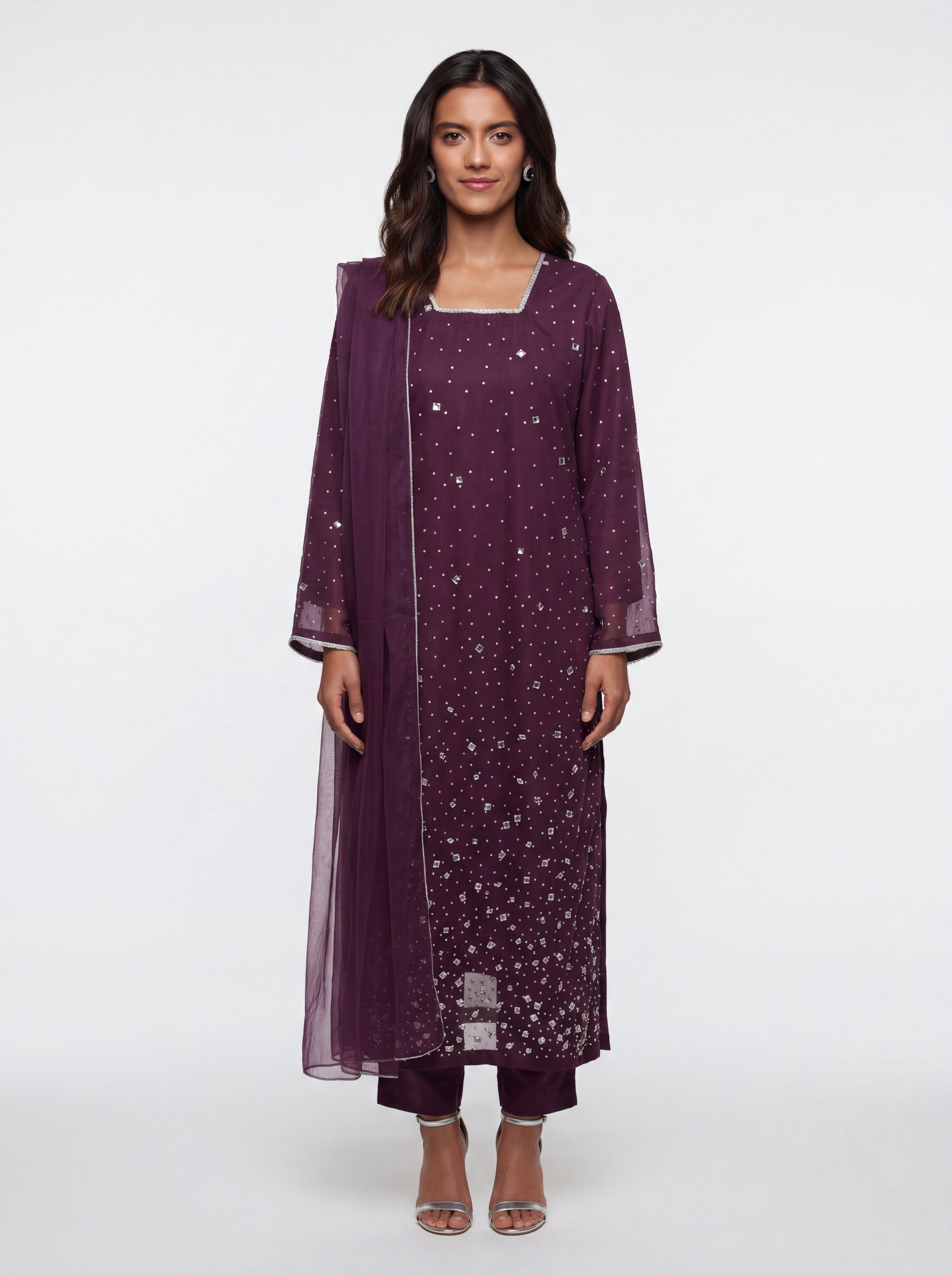 3 Piece Ready to Wear Luxury Net Suit - Plum