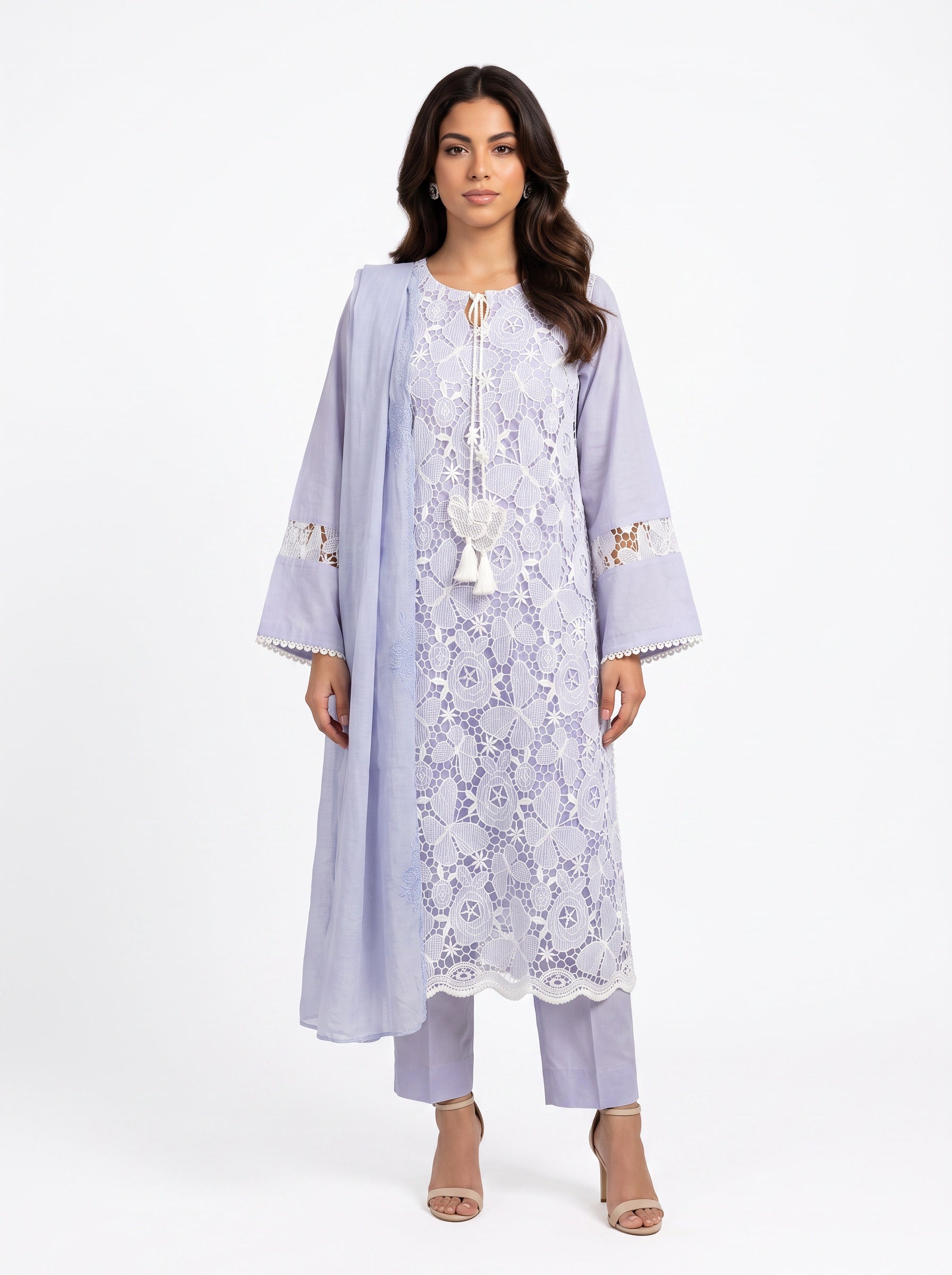 3 Piece Ready to Wear Luxury Embroidered Cutwork Suit - Lilac