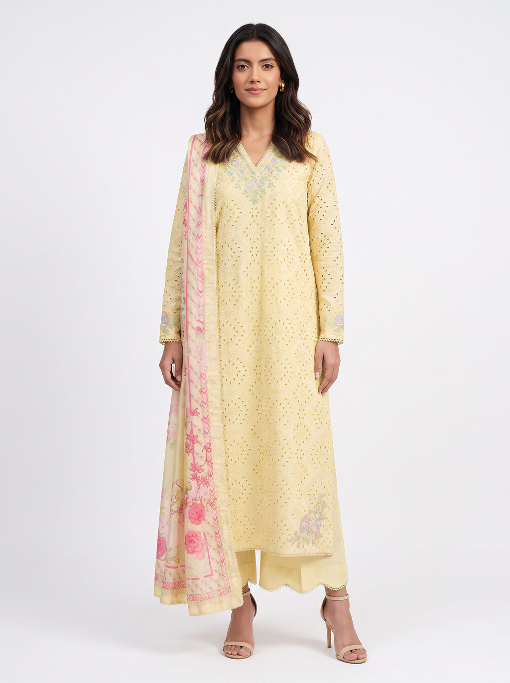 3 Piece Ready to Wear Luxury Embroidered Schiffli Suit - Butter Yellow