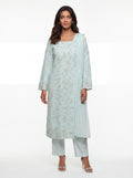 3 Piece Ready to Wear Luxury Chantilly Net Suit - Aqua