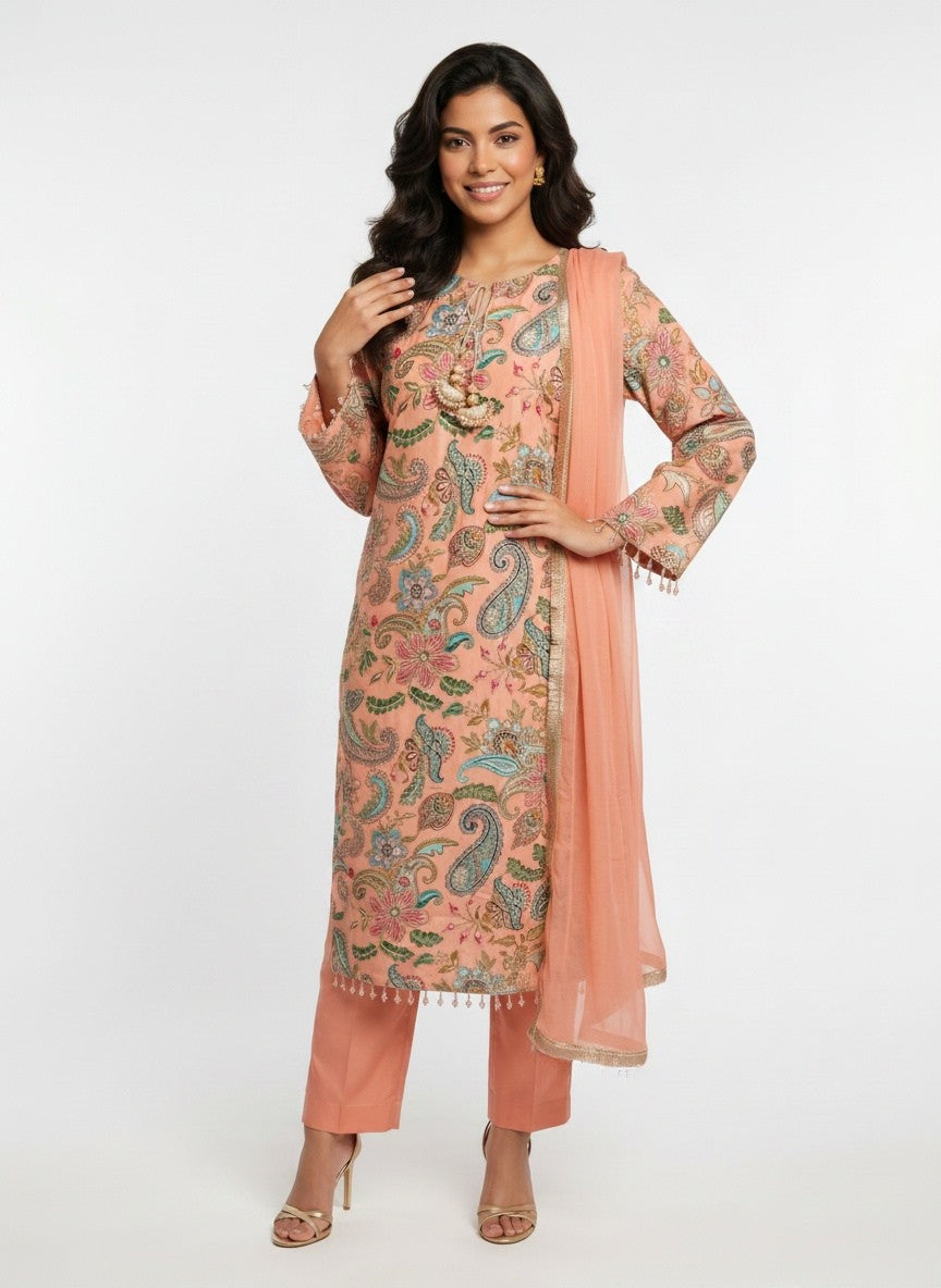 3 Piece Ready to Wear Luxury Embroidered Armani Silk Suit - Peach