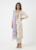 3 Piece Ready to Wear Gota Work Suit - Off-White with Lilac Dupatta