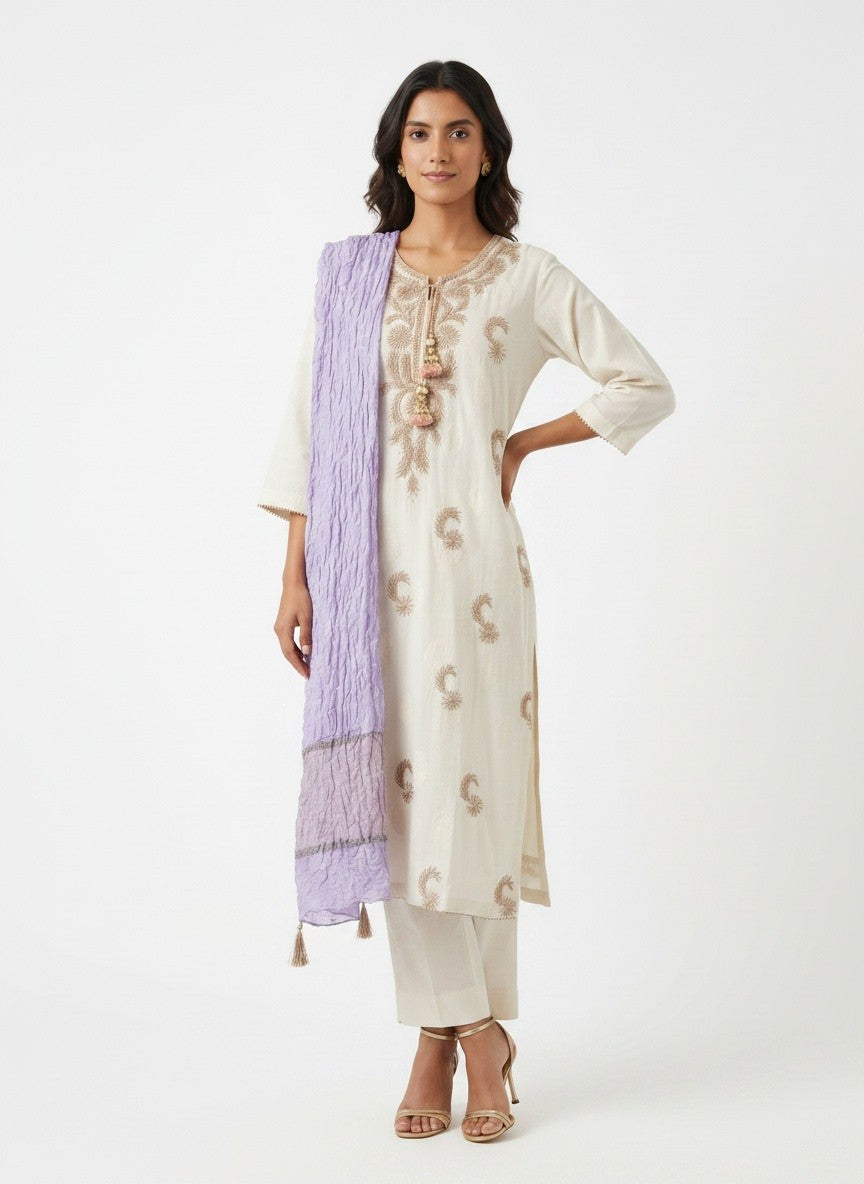 3 Piece Ready to Wear Gota Work Suit - Off-White with Lilac Dupatta