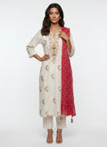 3 Piece Ready to Wear Gota Work Suit - Off-White with Red Dupatta