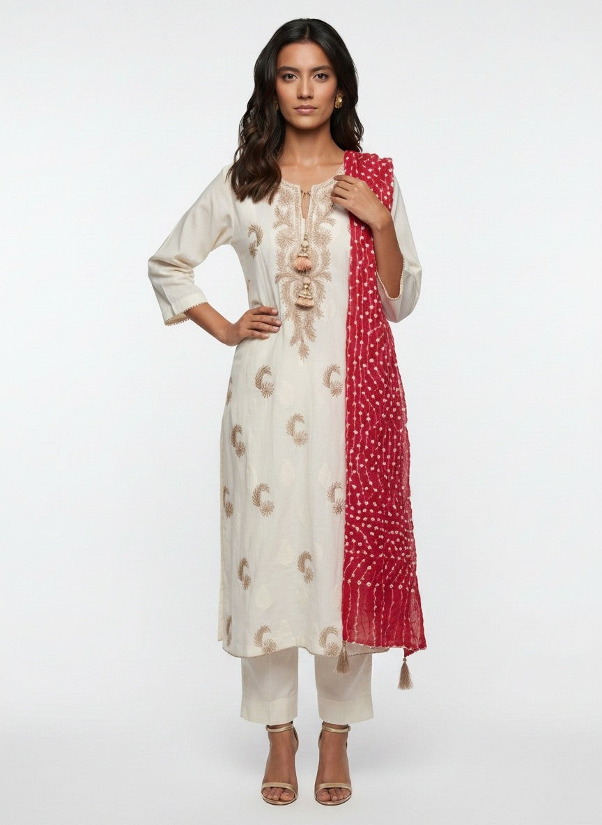 3 Piece Ready to Wear Gota Work Suit - Off-White with Red Dupatta