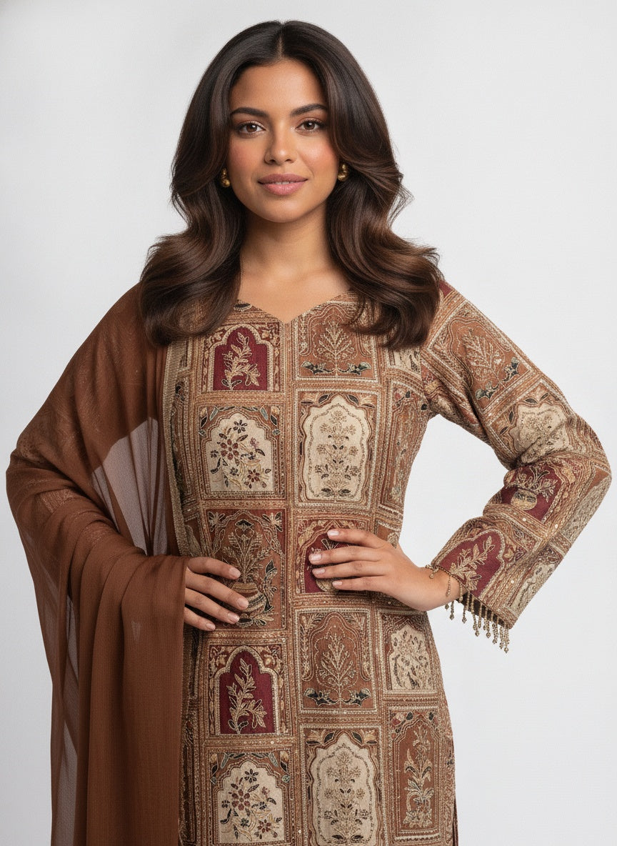 3 Piece Ready to Wear Luxury Embroidered Armani Silk Suit - Brown