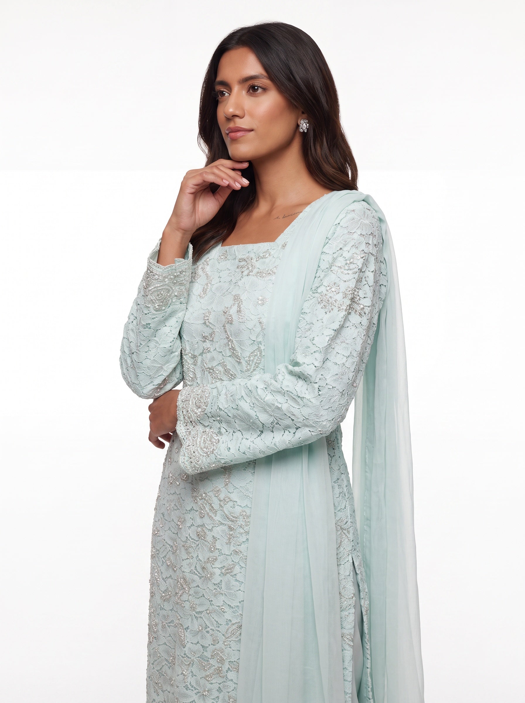3 Piece Ready to Wear Luxury Chantilly Net Suit - Aqua